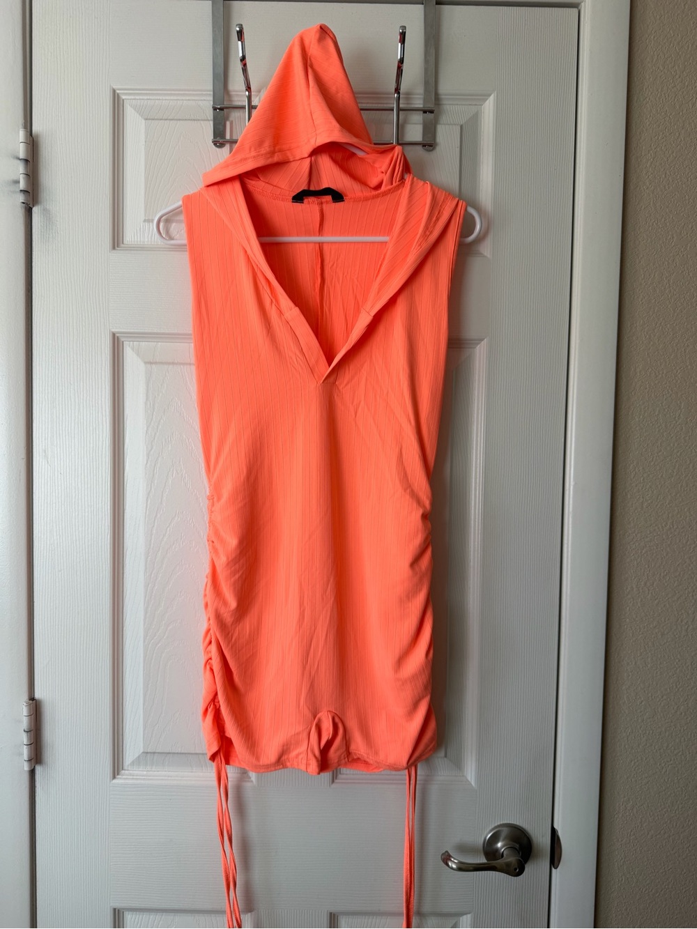 Sleeveless Hooded Romper in Neon Coral